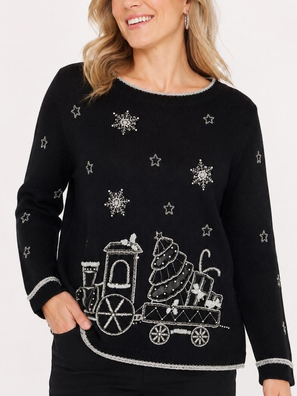 Victoria Jones Christmas Sweater L Black Beaded Holiday Train Tree Snowflakes